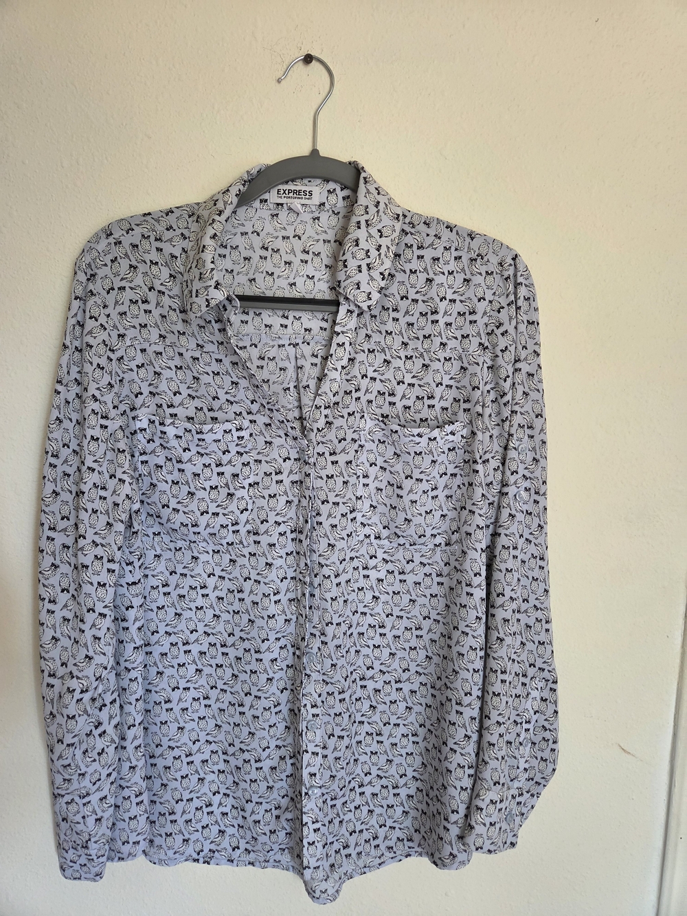 Express White Button-Up Blouse with Black OWL Print